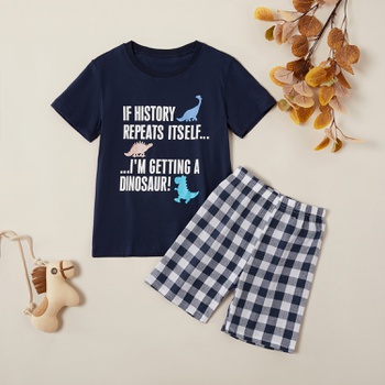 Trendy Letter Print Dinosaur Tee and Plaid Shorts Set